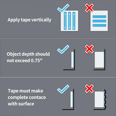 Instructs shoppers on the correct way to apply tape vertically, maintain proper object depth limits, and ensure complete surface contact for optimal product performance.