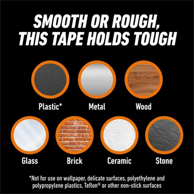 Demonstrates the tape's versatility by showing it works on multiple surface types (plastic, metal, wood, glass, brick, ceramic, stone), reassuring shoppers it will adhere to their specific needs.…