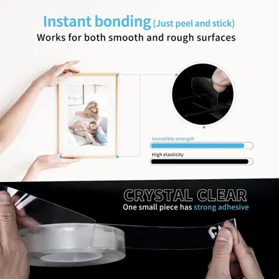 Communicates multiple key benefits of the adhesive product including ease of application, surface versatility, strength, elasticity, and clarity to reassure shoppers of its comprehensive performance.