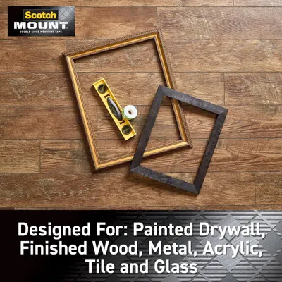 Demonstrates the versatility of the mounting tape by showing it works on multiple surface types including painted drywall, finished wood, metal, acrylic, tile, and glass, reassuring shoppers of its…