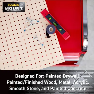 Communicates the versatility of the mounting tape by showing it works on multiple surface types including painted drywall, wood, metal, acrylic, stone, and concrete, reassuring shoppers about broad…
