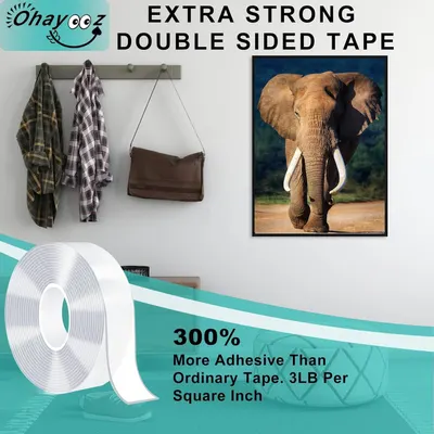 Communicates the superior adhesive strength of the double-sided tape compared to ordinary tape, emphasizing its extra-strong holding power to reassure shoppers of its performance. Demonstrates…