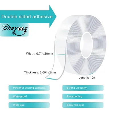 Communicates multiple selling benefits of the double-sided adhesive tape in a segmented layout, highlighting its key features like waterproofing, strong adhesion, versatility, and ease of use to…