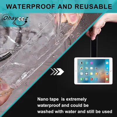 Demonstrates that the nano tape is waterproof and reusable, showing it can be washed under water and still maintain its adhesive properties to reassure shoppers of its durability and value.