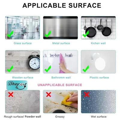 Demonstrates the multiple surfaces where the product can and cannot be applied, helping shoppers understand where the product will work effectively in their home or workspace.