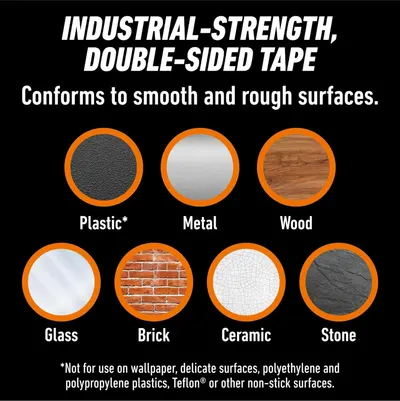 Demonstrates the tape's versatility by showing it works on multiple surface types (plastic, metal, wood, glass, brick, ceramic, stone), reassuring shoppers it will work for their specific needs.