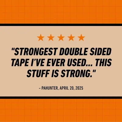 Builds trust and social proof by featuring a customer's direct quote praising the double-sided tape's exceptional strength and adhesive performance.