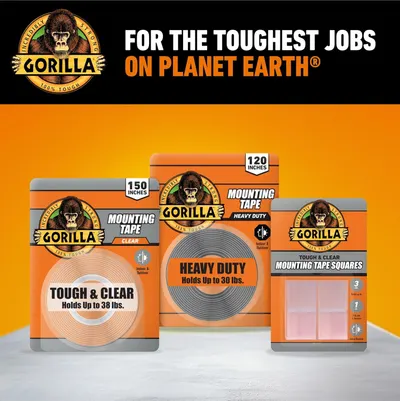 Showcases the Gorilla brand's mounting tape product line options (Clear, Heavy Duty, and Squares) while reinforcing the brand's positioning as incredibly strong and tough for demanding applications.