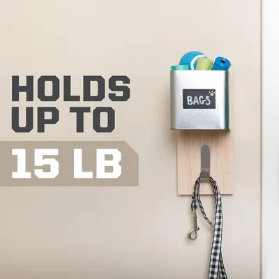 Communicates the product's strong weight capacity of 15 lbs to reassure shoppers that the wall-mounted holder can securely hold dog bags and leash accessories. Highlights the product's ability to…