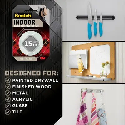 Demonstrates the versatility of the mounting tape by showing it works across multiple surfaces (painted drywall, finished wood, metal, acrylic, glass, tile) and in various home applications (knife…