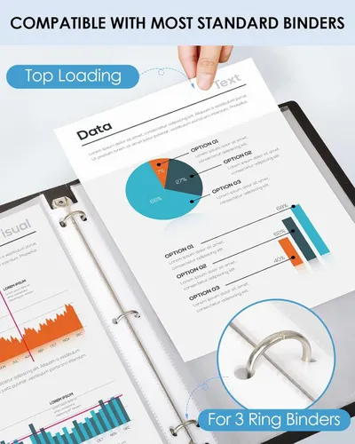 Demonstrates that the product is compatible with most standard binders, specifically highlighting top loading and 3-ring binder functionality to reassure shoppers about versatility and ease of use.