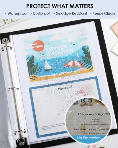 Communicates multiple protective benefits of the product (likely sheet protectors or binder sleeves) to reassure shoppers that their documents, postcards, and certificates will be protected from…