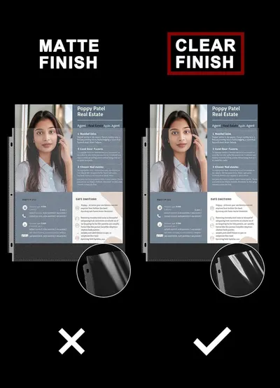 Demonstrates the superiority of the clear finish option over the matte finish by showing side-by-side visual comparison with checkmark and X symbols to guide the shopper toward the preferred choice.