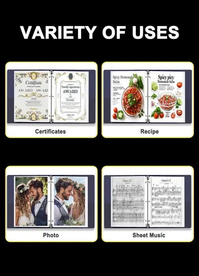 Demonstrates the versatility of the product (likely a binder or display folder) by showing it can be used for multiple different purposes including storing certificates, recipes, photos, and sheet…