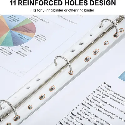 Highlights the reinforced hole design feature of the binder, showing how the product is structurally built to be durable and compatible with 3-ring binders. Communicates the key benefit that the…