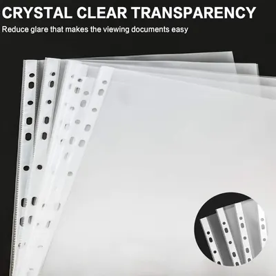 Highlights the product's crystal clear transparency and glare-reduction properties to reassure shoppers that documents will be easy to view through these sheet protectors.
