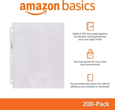 Communicates multiple key benefits of the sheet protectors in a segmented layout: durable material, easy insertion/removal, and binder compatibility to help shoppers understand the product's…