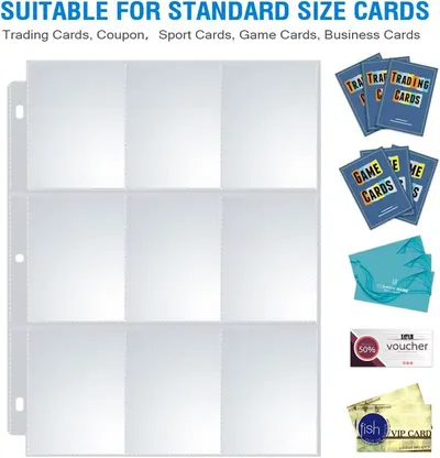 Demonstrates the multiple types of cards this product can hold (trading cards, game cards, business cards, coupons, vouchers) to show versatility and broad compatibility.