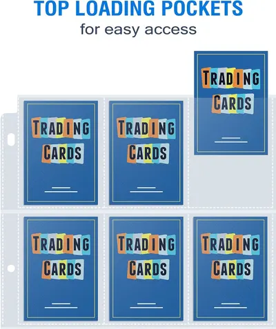 Highlights the top-loading pocket design of the trading card storage pages, emphasizing easy access and convenient organization for collectors.