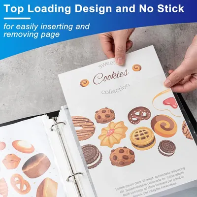 Demonstrates how the top-loading design allows users to easily insert and remove pages from the binder without sticking, emphasizing ease of use and convenience. Highlights the product's…