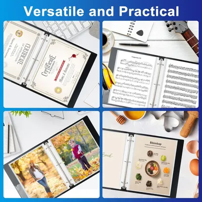 Demonstrates the product's versatility by showing four distinct use scenarios—storing certificates, organizing sheet music, creating photo albums, and compiling recipes—to communicate that this…