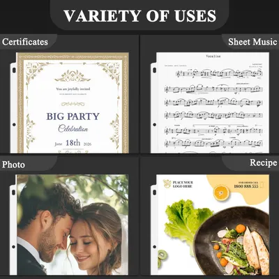Demonstrates the product's versatility by showing it can be used for multiple different purposes—storing certificates, sheet music, photos, and recipes—reassuring shoppers of its multi-functional…