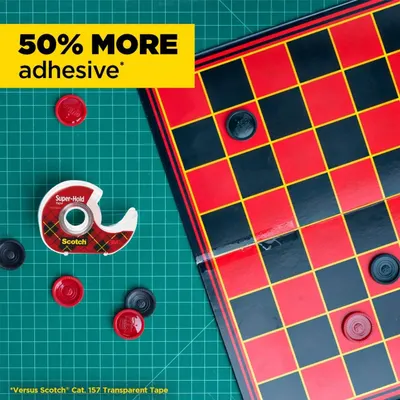 Communicates a quantifiable performance advantage (50% more adhesive) to convince shoppers that this Scotch tape offers superior sticking power compared to a competitor product. Demonstrates the…