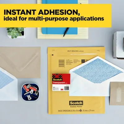 Demonstrates the product's versatility by showing it in multiple real-world contexts (envelopes, notebooks, office supplies, mailing materials) to communicate that it works for various applications.…