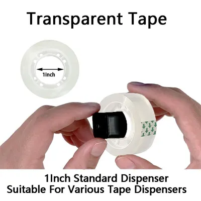 Communicates the physical dimensions of the tape roll (1 inch core) to reassure shoppers it will fit standard tape dispensers. Highlights that this transparent tape fits various tape dispensers,…