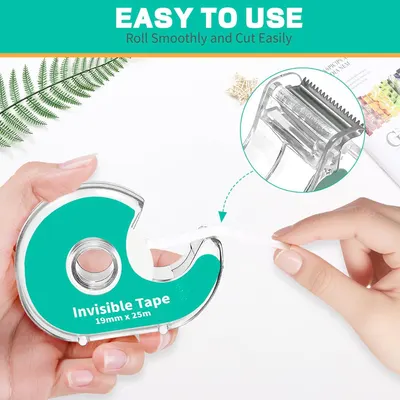 Demonstrates how to use the invisible tape dispenser by showing the simple process of rolling out and cutting the tape, reassuring shoppers that the product is user-friendly and convenient.…
