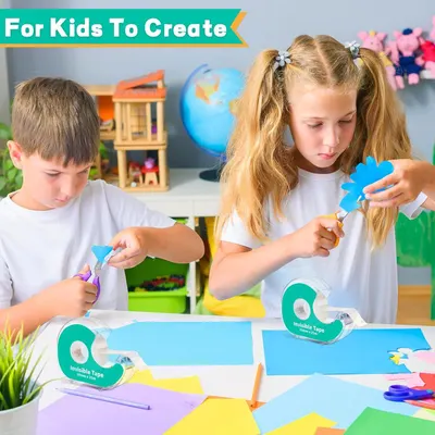 Demonstrates the product's use in a creative, kid-friendly arts and crafts setting, showing children actively using the invisible tape to make colorful paper crafts and projects. Shows the product…