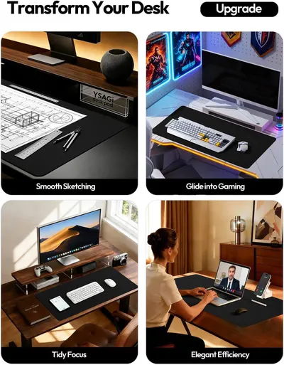 Demonstrates the versatility of the desk pad across four distinct use scenarios—creative work, gaming, productivity, and professional communication—to show shoppers how the product adapts to…