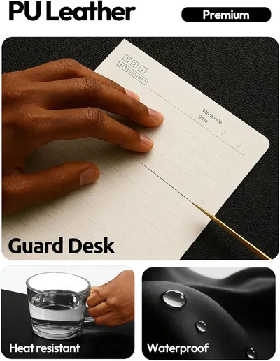 Demonstrates multiple protective benefits of the PU leather desk mat, showing it guards the desk surface, resists heat from hot items, and repels water to reassure shoppers of its durability and…
