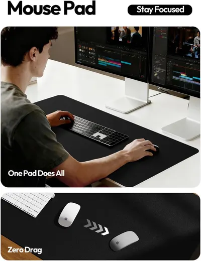 Demonstrates the mouse pad's versatility with a large surface that accommodates both keyboard and mouse, plus its smooth, low-friction surface for precise mouse control.