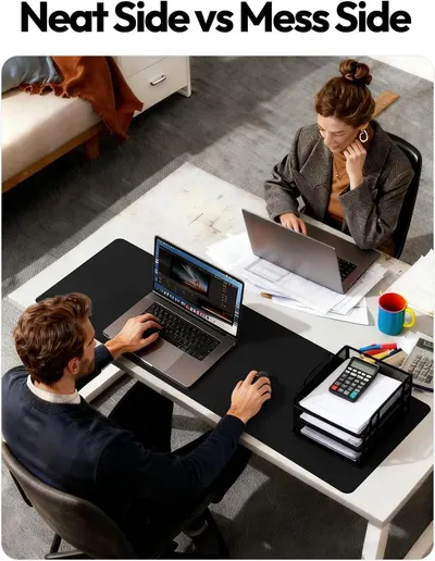 Demonstrates the product's ability to transform a messy desk into a neat, organized workspace by showing a side-by-side comparison of the same desk with and without the product.