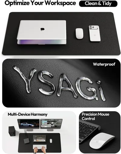 Communicates multiple distinct benefits of the desk mat through visually segmented panels: workspace optimization and cleanliness, waterproof protection, multi-device workspace harmony, and…