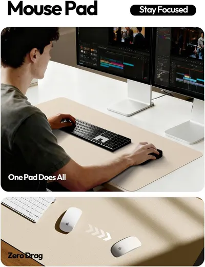 Demonstrates the mouse pad's versatility by showing it provides complete desk coverage for keyboard and mouse while enabling smooth, drag-free mouse movement across the surface.