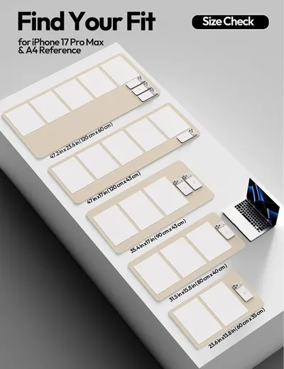 Helps shoppers determine which product size fits their needs by showing multiple size options with exact dimensions and an iPhone 17 Pro Max and A4 reference for scale.