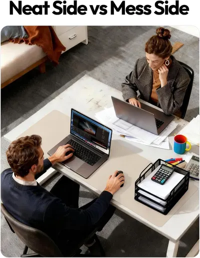 Demonstrates the product's ability to organize and declutter a workspace by showing a neat side versus a messy side comparison, reassuring shoppers of its effectiveness in maintaining order.