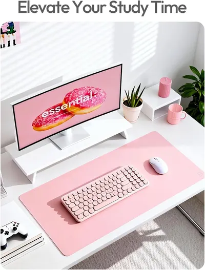 Showcases the product (desk mat/pad) in an aesthetically pleasing, real-world study or work environment to help shoppers visualize how it fits into their lifestyle and workspace.