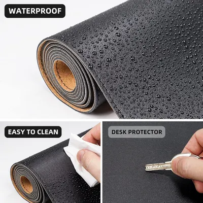 Communicates three distinct product benefits in a segmented layout: waterproof protection shown by water beading, easy maintenance demonstrated by cleaning, and desk protection functionality…
