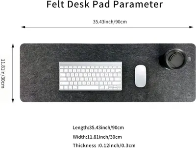 Communicates the exact physical dimensions of the felt desk pad (length, width, thickness) with arrows and measurements to help shoppers understand if it will fit their workspace.