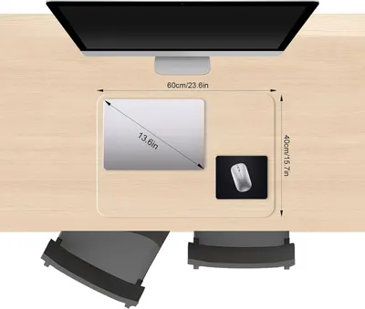 Communicates the exact physical dimensions of the desk mat (60cm x 40cm / 23.6in x 15.7in) and shows it can accommodate a 13.6in laptop plus mouse, helping shoppers understand if it fits their…