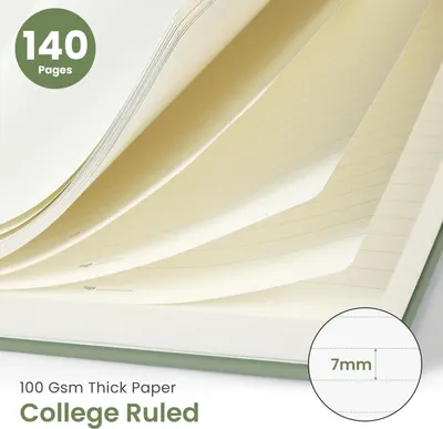 Communicates the notebook's capacity and paper specifications to help shoppers understand the product's quantity and quality features. Highlights the premium paper thickness and college-ruled format…