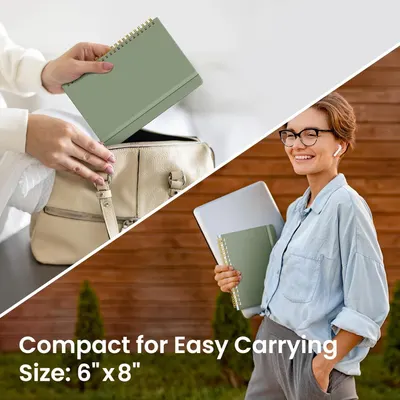 Communicates the notebook's compact 6" x 8" dimensions and demonstrates its portability by showing it fits easily in a bag and can be carried with a laptop, reassuring shoppers it's convenient for…