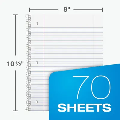 Communicates the exact physical dimensions of the notebook (8 inches wide by 10.5 inches tall) and the quantity of sheets (70) to help shoppers understand the product size and capacity.
