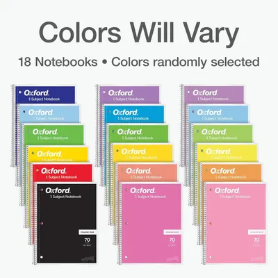 Shows the customer exactly what they receive in the bundle—18 Oxford notebooks in various colors—while setting the expectation that colors will be randomly selected.