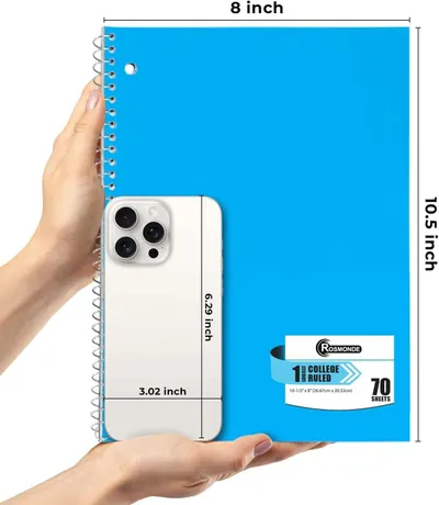 Communicates the exact physical size of the notebook (8 x 10.5 inches) using dimension arrows and a smartphone for scale reference, helping shoppers understand how large the product is.