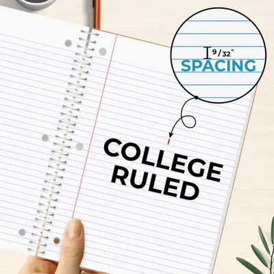 Highlights the specific 9/32 inch line spacing of the college ruled notebook to inform shoppers of the exact ruling format and help them choose the right paper type for their needs. Communicates…