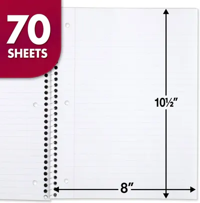Communicates the exact physical size of the notebook paper (8 inches by 10.5 inches) and quantity (70 sheets) to help shoppers understand what they're purchasing.